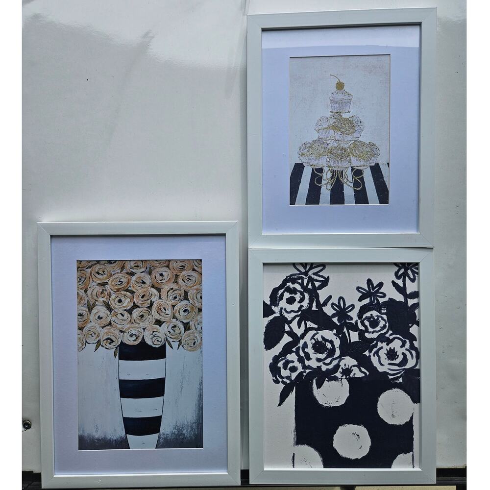 Trio of Wall Art Prints White Navy Hobby Lobby (2)14x11 and (1)16 x 12